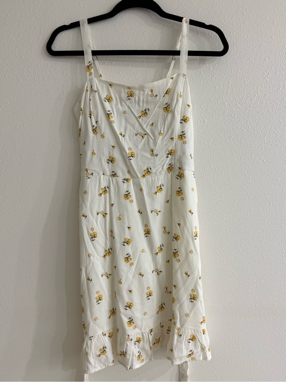 Hollister White Mini Dress with Yellow Floral Print and Ruffled Hem